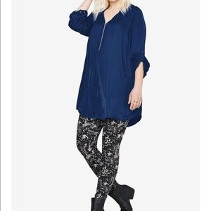 Ellos Zip-Front Sateen Tunic Evening Blue M 14/16 Long Sleeve Banded Cuff